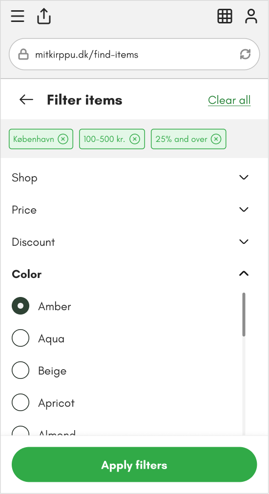 Filter items - Showroom